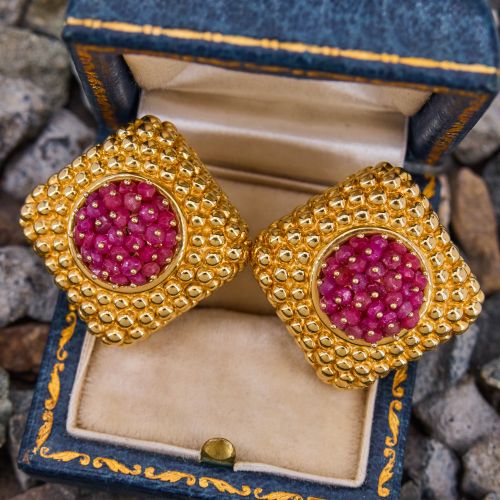 Vintage Bubble Texture Ruby Bead Earrings 14K Yellow Gold