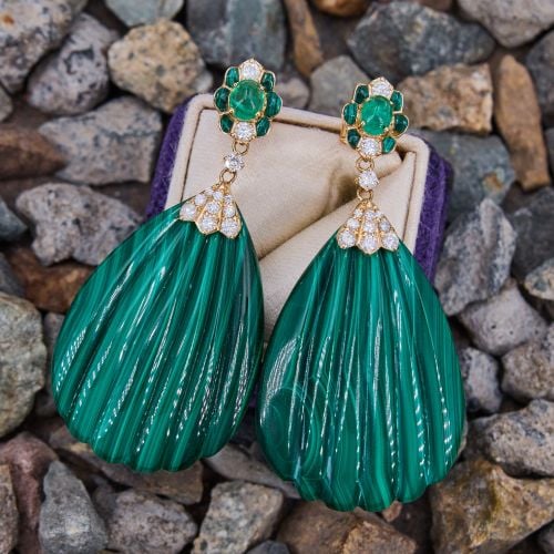 Malachite Emerald & Diamond Statement Drop Earrings 14K Yellow Gold