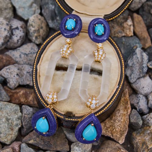 High Fashion Rock Crystal Onyx Lapis Earrings 18K Yellow Gold
