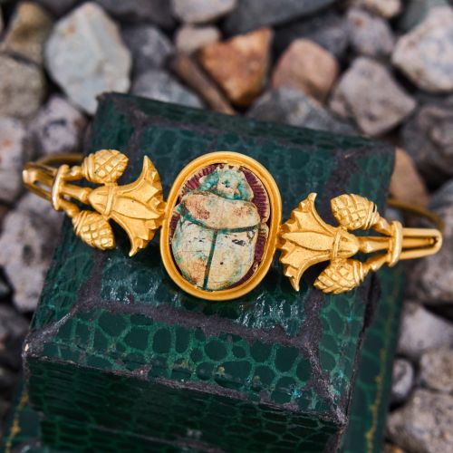Circa 1900s Egyptian Revival Scarab Bangle Bracelet 18K Yellow Gold
