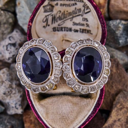 Vintage Created Sapphire & Diamond Halo Earrings 18K Yellow Gold/ Platinum