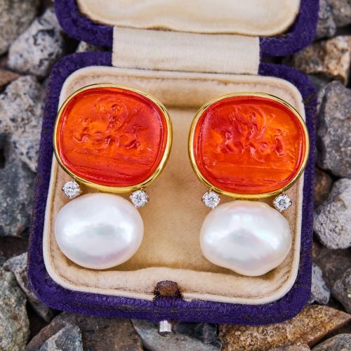 Orange Glass Intaglio Earrings w/ South Sea Pearls 14K Yellow Gold 
