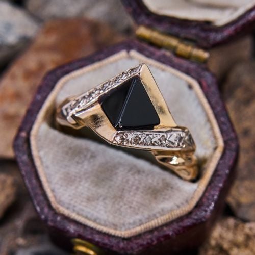 Unique Pyramid Cut Onyx w/ Diamond Accents 14K Yellow Gold