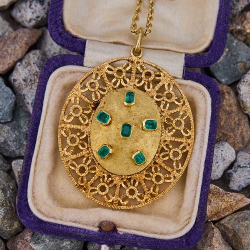 18K Oval Emerald Pendant on 14K Rope Chain Yellow Gold