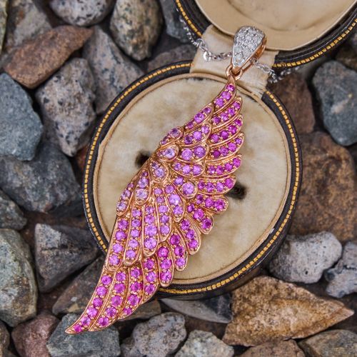 Ombré Pink Sapphire Wing Pendant Necklace 14K Rose & White Gold