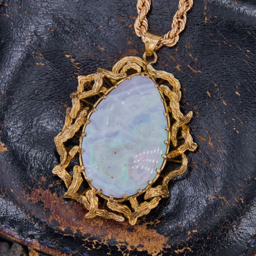 Vintage Large White Opal Pendant Necklace 14K Yellow Gold