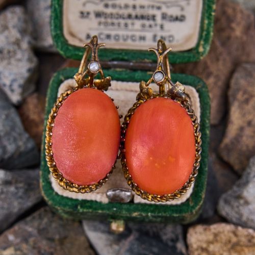 Vintage Coral Earrings w/ Seed Pearls 14K Yellow Gold