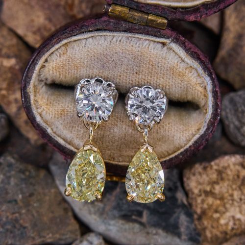 Pear Cut Fancy Yellow Diamond Dangle Earrings Platinum/ 18K Yellow Gold GIA