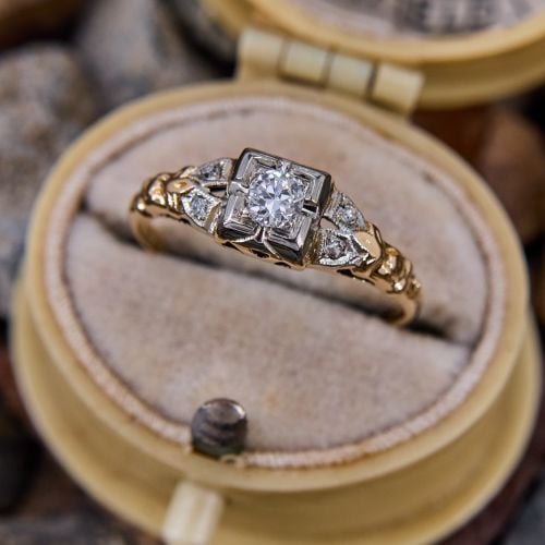 Vintage Two Tone Diamond Engagement Ring 14K Yellow & White Gold