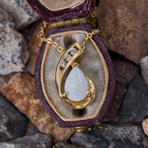Pear Opal & Diamond Pendant Necklace 14K Yellow Gold
