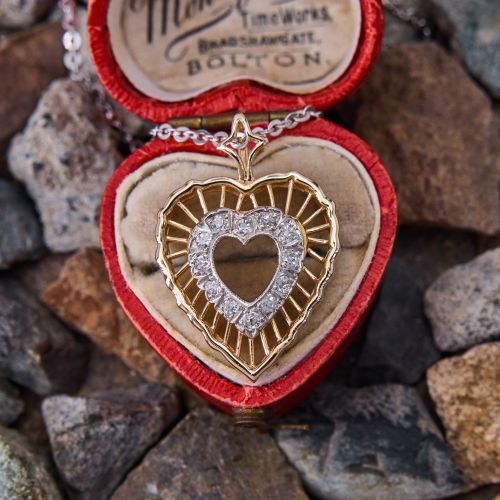 Vintage Two Tone Diamond Heart Pendant Necklace 14K White & Yellow Gold