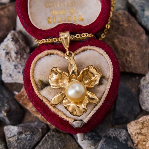Golden Pearl Flower Pendant Necklace 14K Yellow Gold