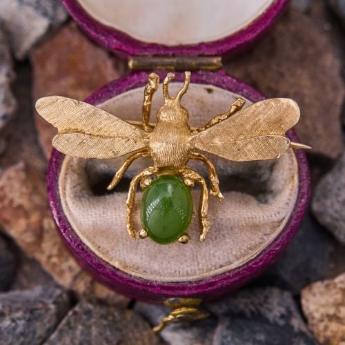 Vintage Jade Insect Brooch Pin 14K Yellow Gold