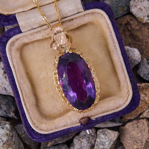 Large Oval Amethyst Pendant Necklace 14K Yellow Gold