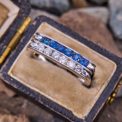 Sapphire & Diamond Gear Motif Ring 18K White Gold