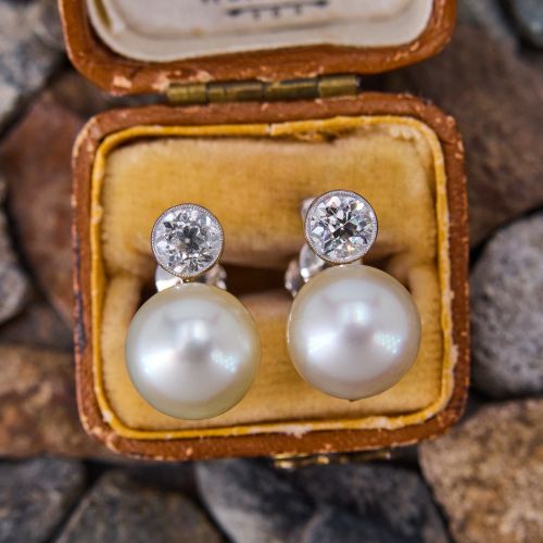 Vintage Screw-On Pearl & Diamond Earrings 18K White Gold/ Platinum