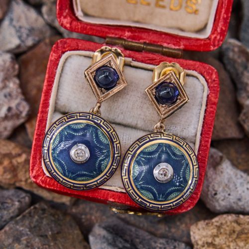 Vintage Blue Enamel & Diamond Dangle Earrings 18K Yellow Gold