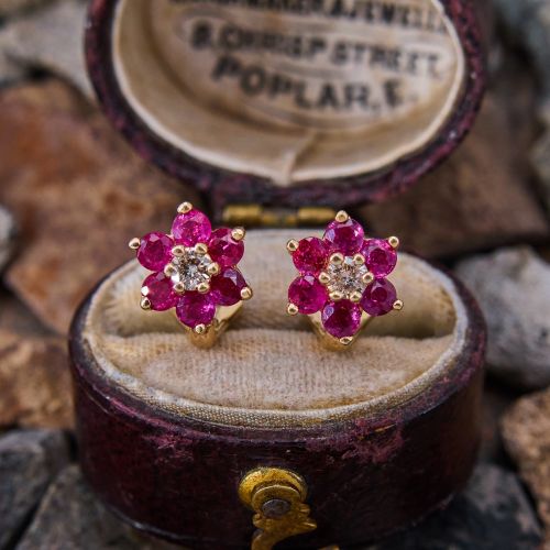 Ruby & Diamond Flower Clip-On Earrings 14K Yellow Gold