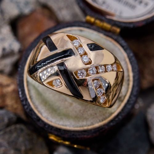 Criss Cross Diamond & Onyx Inlay Ring 14K Yellow Gold, Size 6.25