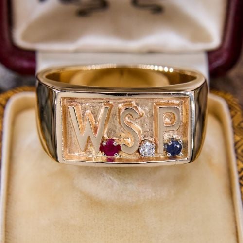 Custom Mens "W.S.P" Ruby, Diamond & Sapphire Ring 14K Yellow Gold 