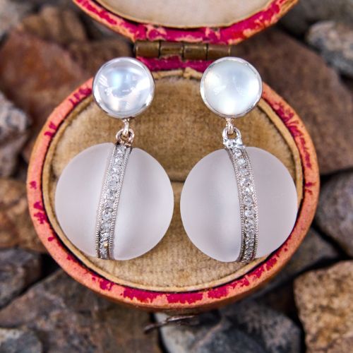 Moonstone & Rock Crystal Dangle Earrings 14K White Gold/ Platinum