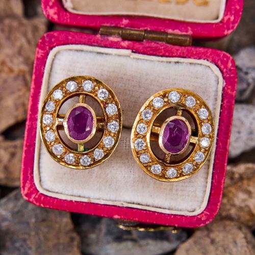 Vintage Oval Ruby & Diamond Earrings 14K Yellow Gold
