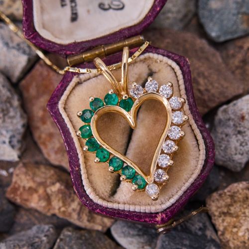 Diamond & Emerald Heart Pendant Necklace 14K Yellow Gold