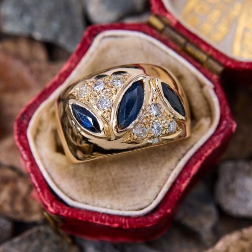 Low Profile Marquise Sapphire & Diamond Band Ring 14K Yellow Gold