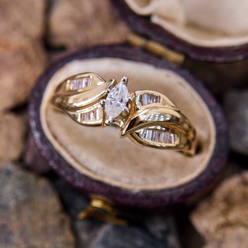 1980s Marquise Diamond Engagement Ring 14K Yellow Gold .12Ct I /I1