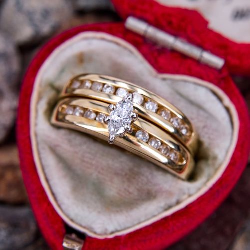 Marquise Diamond Engagement Ring Bridal Set 14K Yellow Gold .12Ct I/SI2