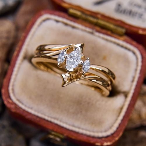 Marquise Diamond Engagement Ring Wedding Set 14K Yellow Gold .17Ct I/VS2