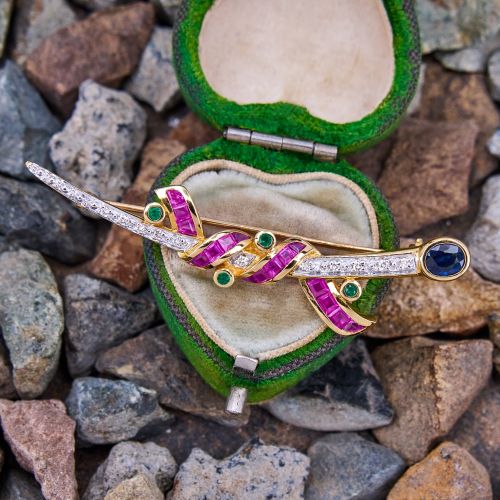 Abstract Sapphire, Ruby, Emerald & Diamond Brooch Pin 18K Yellow Gold