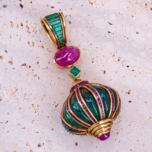 Fantastic Poiray Paris Caged Emerald & Ruby Pendant Necklace 18K/ 14K Yellow Gold
