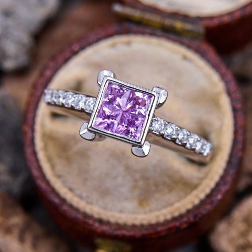 Invisible Set Pink Sapphire Diamond Ring 14K White Gold