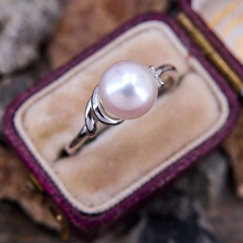 Classic Pearl Ring w/ Diamond Accents 18K White Gold