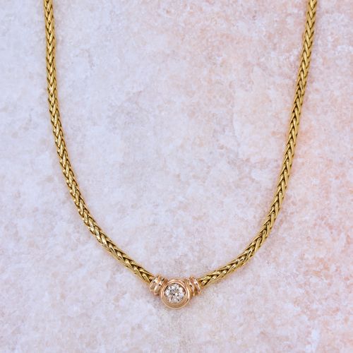 Bezel Diamond Wheat Chain Necklace 18K/ 14K Yellow Gold