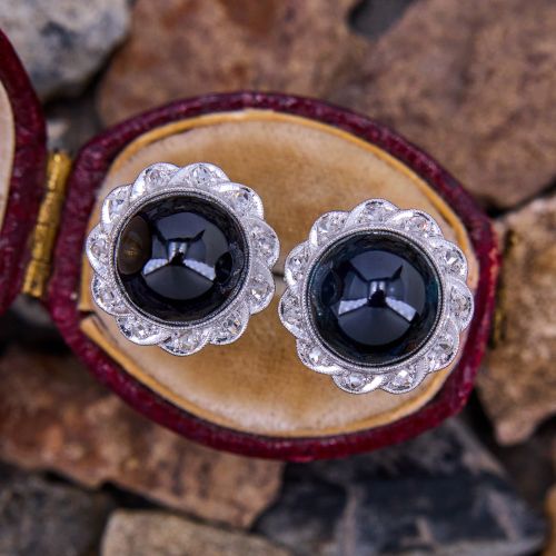 Sapphire Cabochon & Rose Cut Diamond Earrings Platinum