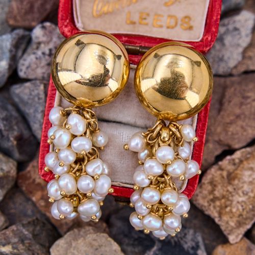 Italian Pearl Dangle Cluster Earrings 18K Yellow Gold 