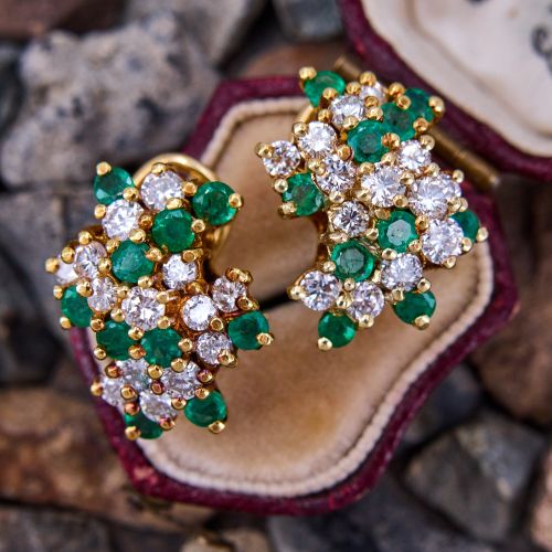 Vintage Emerald & Diamond Cluster Earrings 18K Yellow Gold