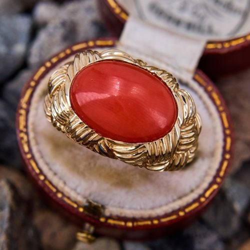 Woven Gold Motif Red Coral Ring 14K Yellow Gold