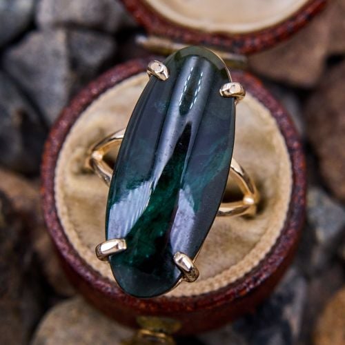 Green and Black Cabochon Solitaire Ring 14K Yellow Gold