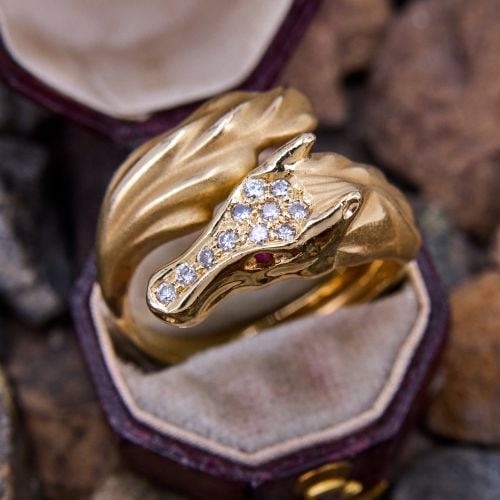 Ruby & Diamond Horse Ring 14K Yellow Gold