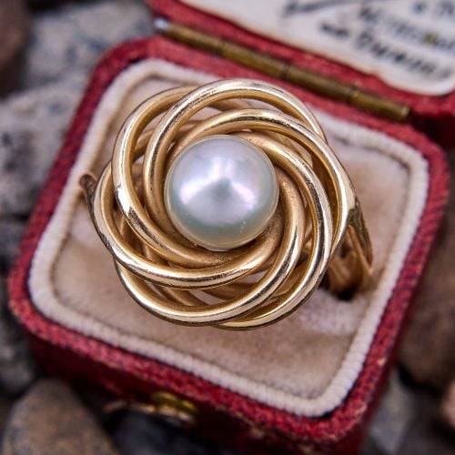 Handmade Twisted Gold Pearl Ring 14K Yellow Gold