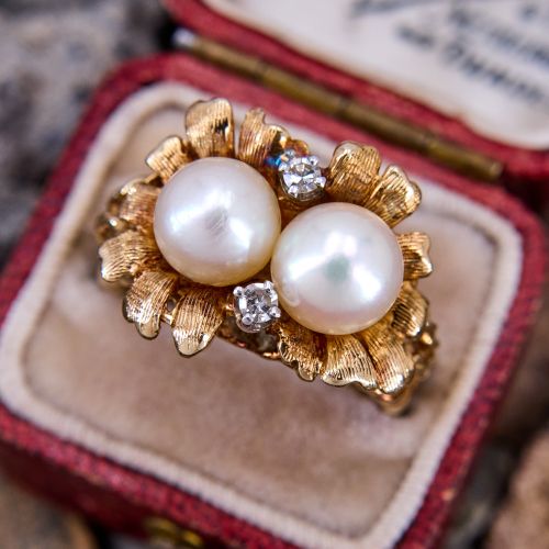Vintage Floral Twin Akoya Pearl Ring 14K Yellow Gold