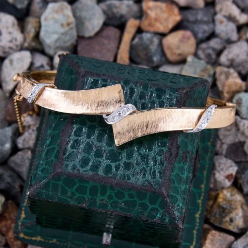 Vintage Hinged Diamond Bangle Bracelet w/ Florentine Finish 14K Gold