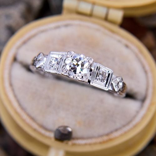 Petite Vintage Diamond Engagement Ring 14K White Gold