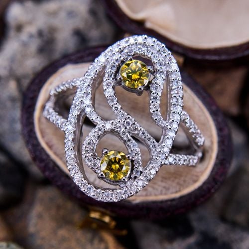 Color Enhanced Vivid Yellow Diamond Ring 18K White Gold