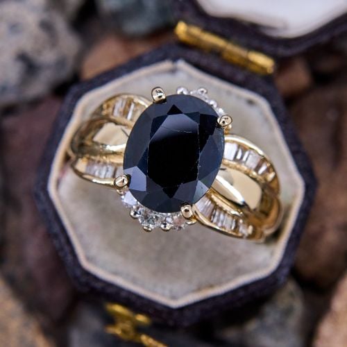 Dark Blue Sapphire Ring w/ Diamonds 14K Yellow Gold