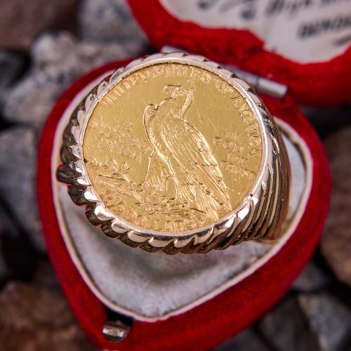 Vintage $2-1/2 Indian Head Coin Ring 14K Yellow Gold