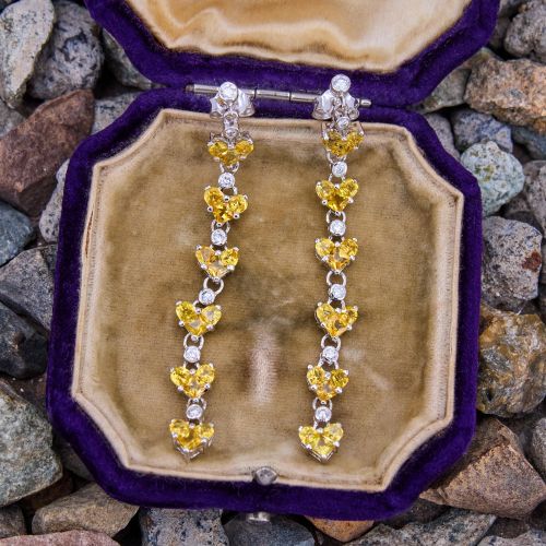 Heart Motif Yellow Sapphire Dangle Earrings 18K White Gold